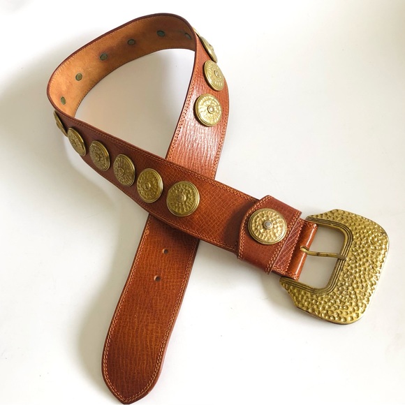 Linea Pelle Cognac Wide Leather Belt With Brass Conchos main image 10